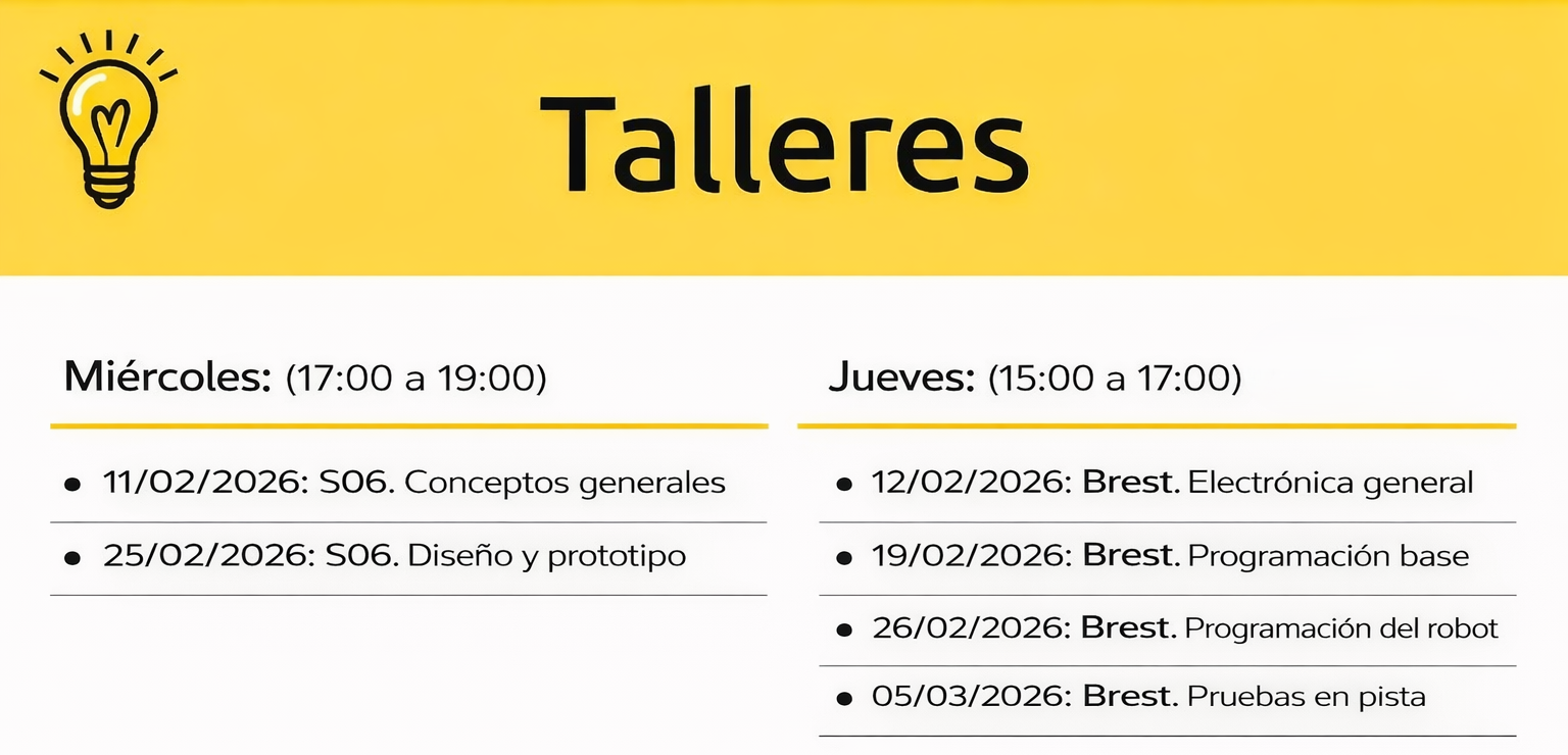 
          Martes:
          · 10/02: Conceptos generales        
          · 17/02: Electrónica general.          
          · 24/02: Programación del robot.          
          · 03/03: Taller de dudas y libre.          
          Viernes:
          · 13/02: Diseño y prototipo.
          · 06/03: Taller de dudas y libre.
    